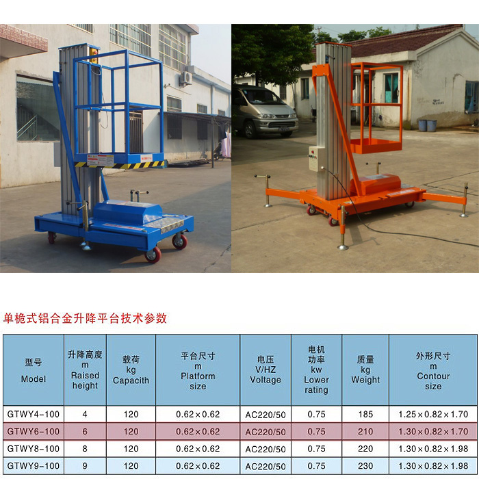 单桅柱铝合金升降机资料